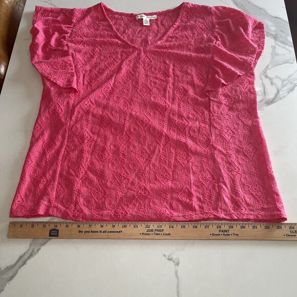 French Laundry Plus Size 2X Pink V Neck Short Ruffle Sleeve Blouse Embroidered - Picture 7 of 11